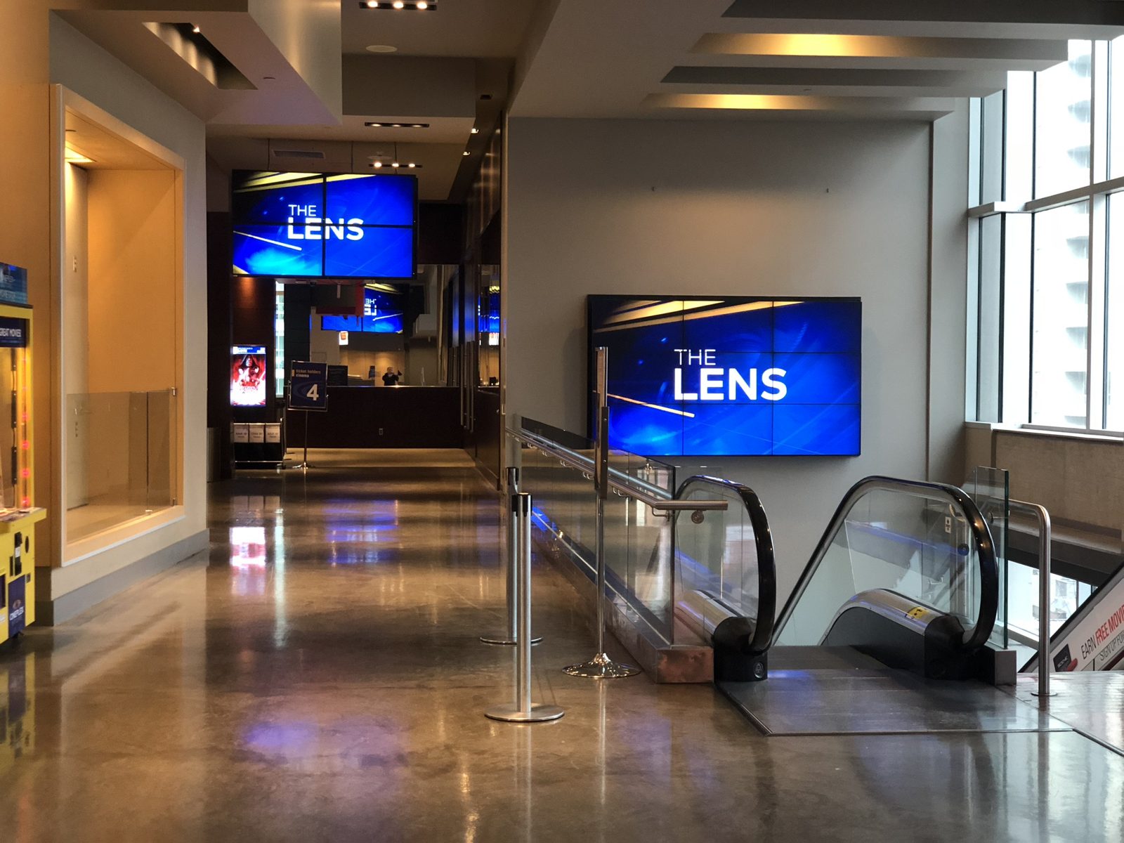 Cinema lobby with digital signage displays